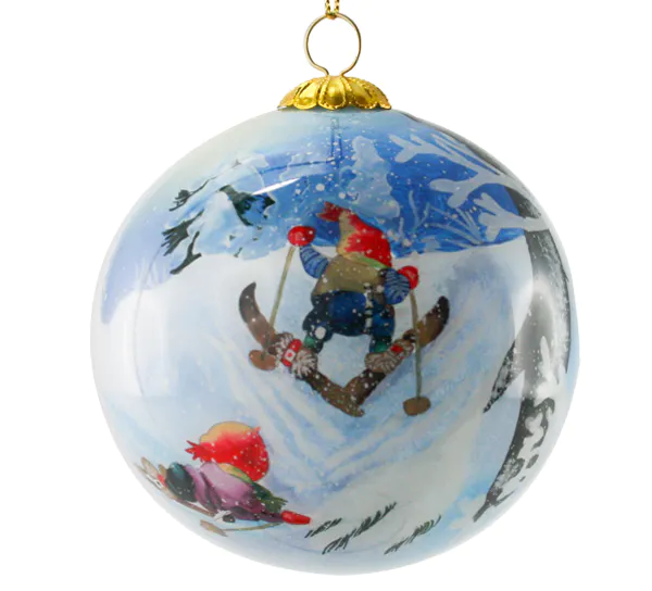 Hovedbilde Julekule, håndmalt, Nisse på ski