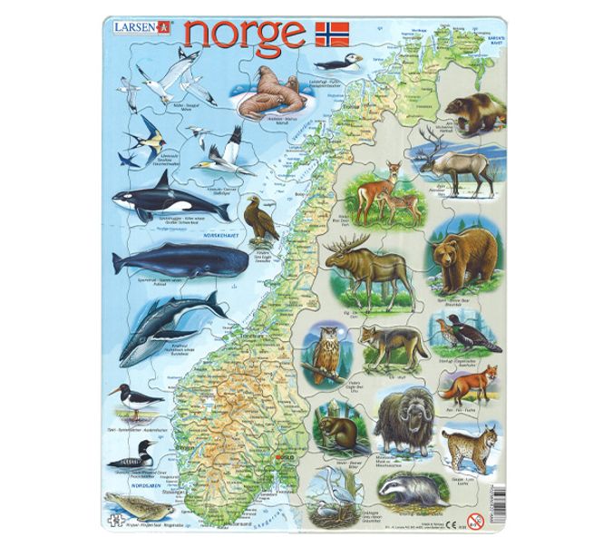 Hovedbilde Puslespill, Norgeskart med dyr, 62 brikker