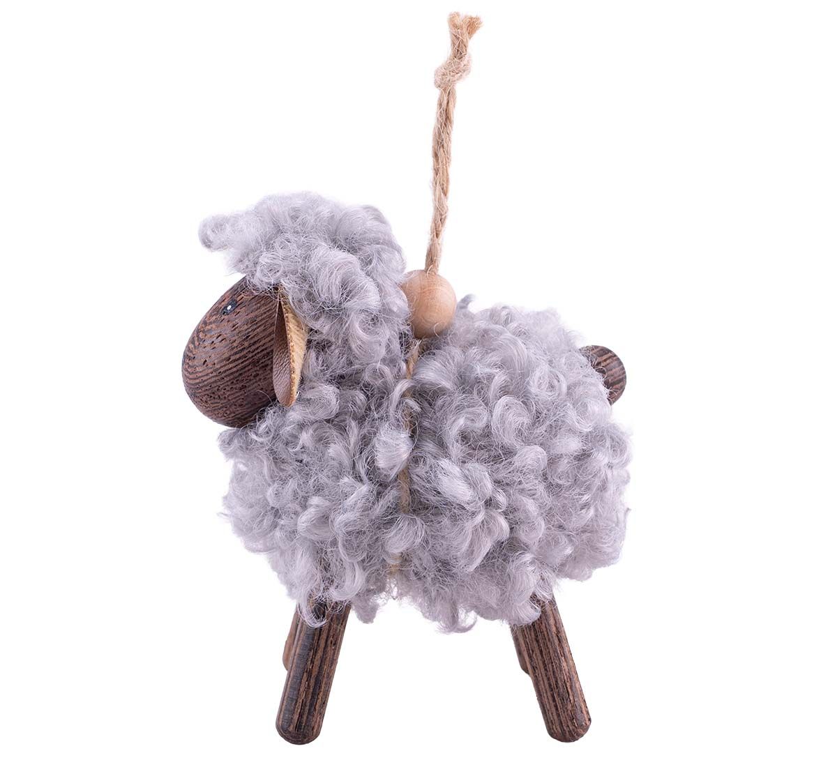 Sau av tre med grå ull, hengende