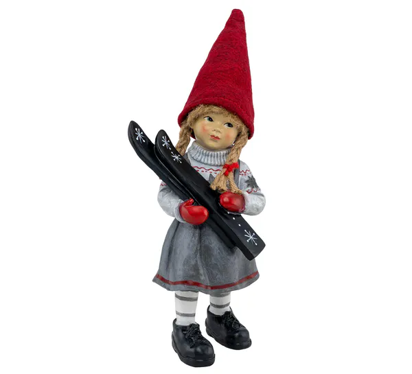 Main Image Elf girl holding skis, red hat, large